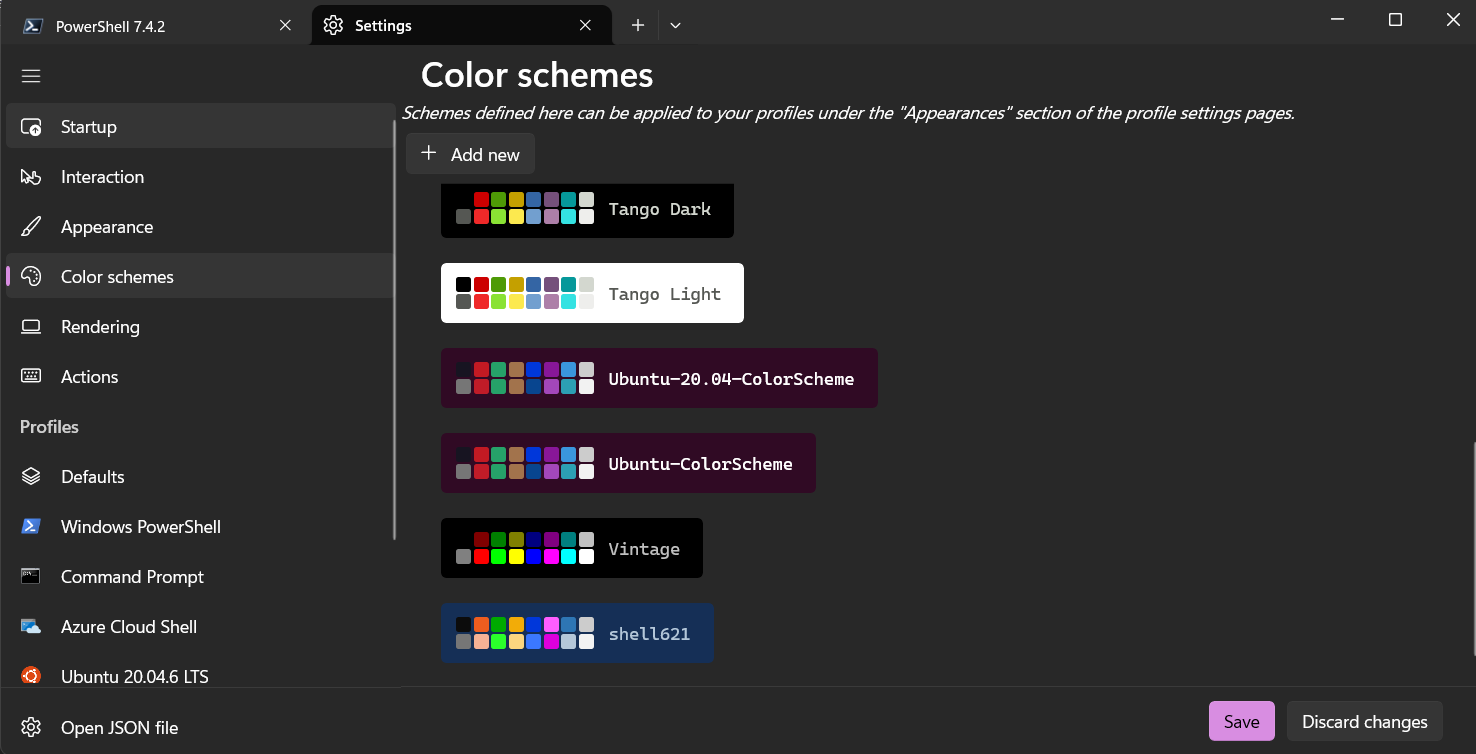 The shell621 color scheme listed under Color schemes